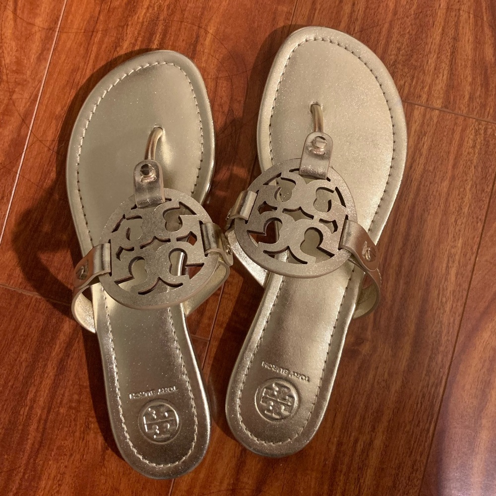Tory Burch gold leather metallic miller sandals